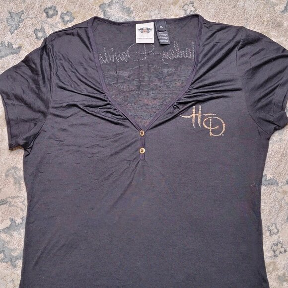 Harley-Davidson Black & Gold Embellished V-Neck Tee – Size XL - Picture 3 of 12